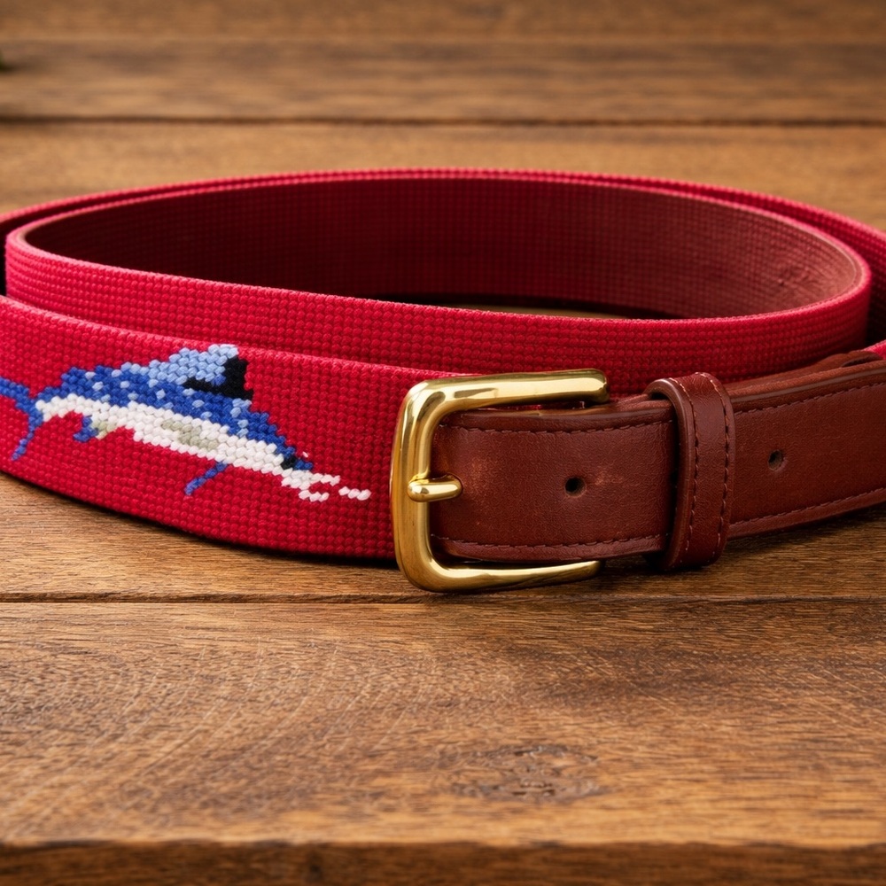 Tucker Blair Red Belt‎ with Dolphin Motif- men’s belt solid brass